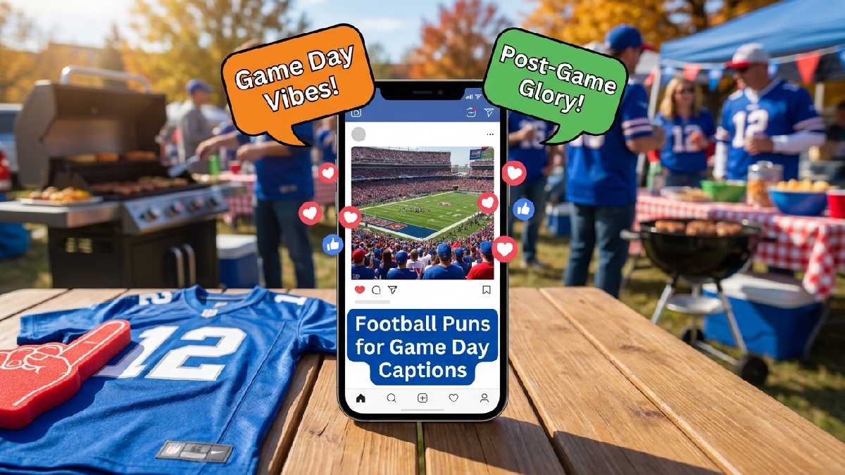 Smartphone showing football game day photo with floating like icons and jersey nearby illustrating fun football puns for captions.