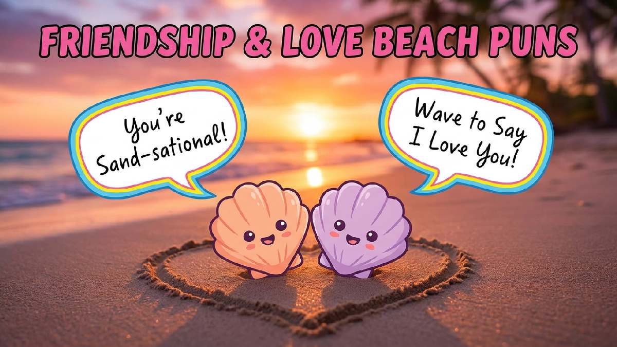 Two cartoon seashells forming a heart shape on sand at sunset showing sweet friendship and love themed beach puns.