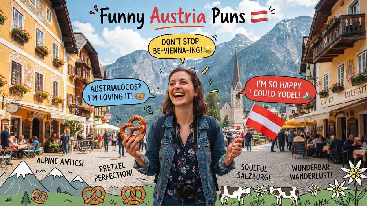 Happy traveler holding an Austrian flag among alpine buildings and playful speech bubbles, representing funny Austria puns packed with cheerful humor.