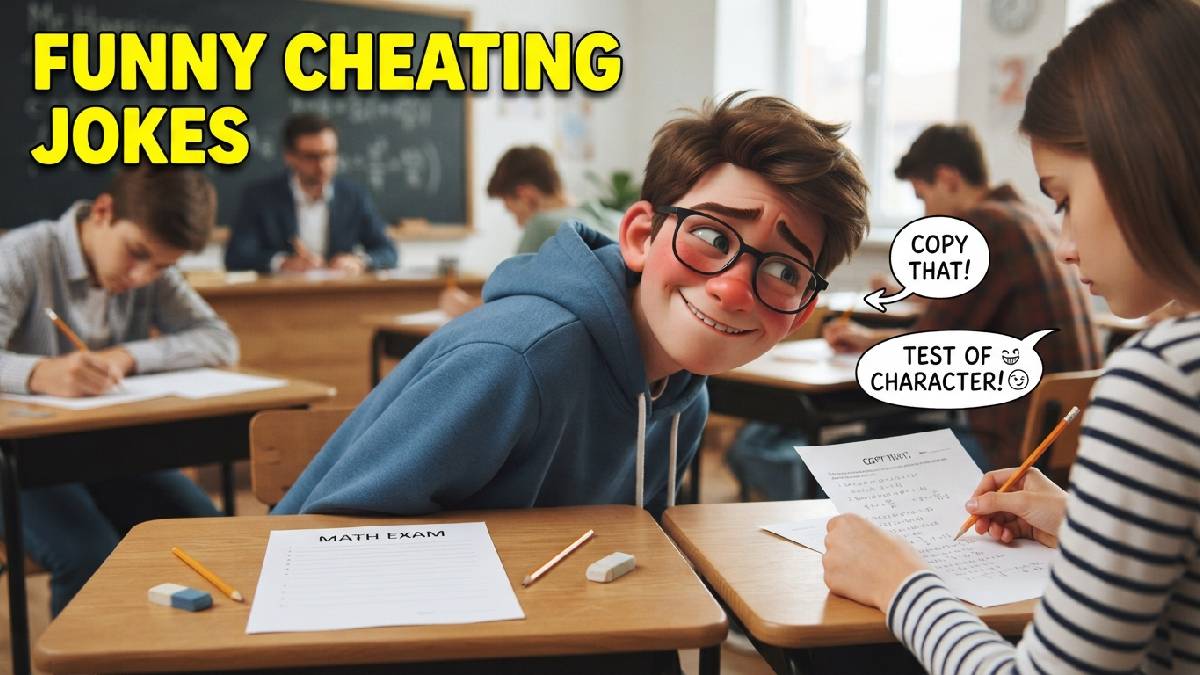 Cartoon student peeking at exam paper with guilty grin and speech bubbles showing a collection of funny lighthearted cheating jokes.