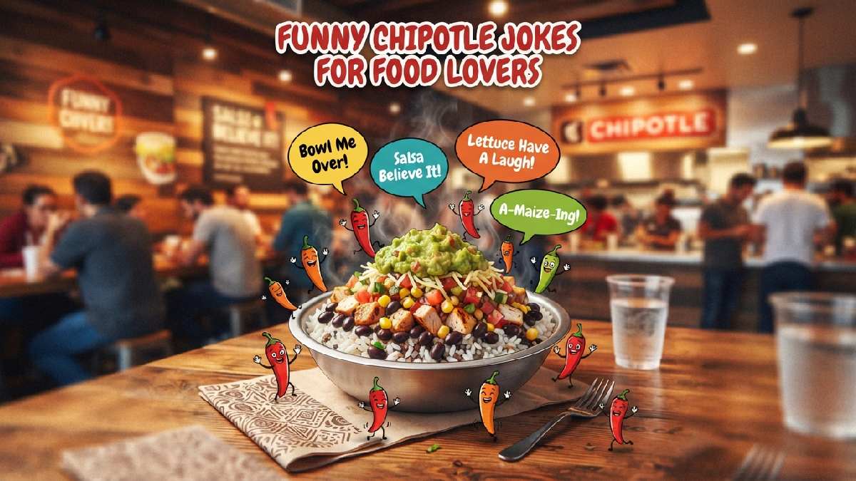 Cartoon food tray with rice beans and salsa surrounded by smiling chili peppers and speech bubbles showing funny chipotle jokes.