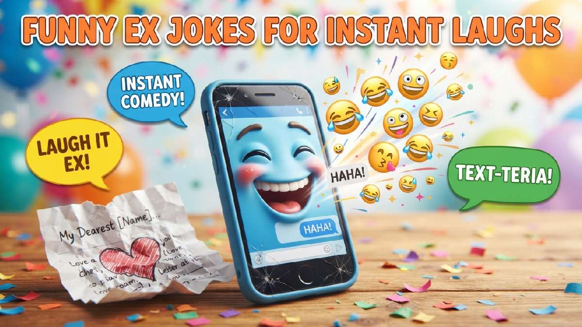 Laughing cartoon smartphone with emoji reactions and crumpled letter showing funny ex jokes for instant laughs and quick humor.