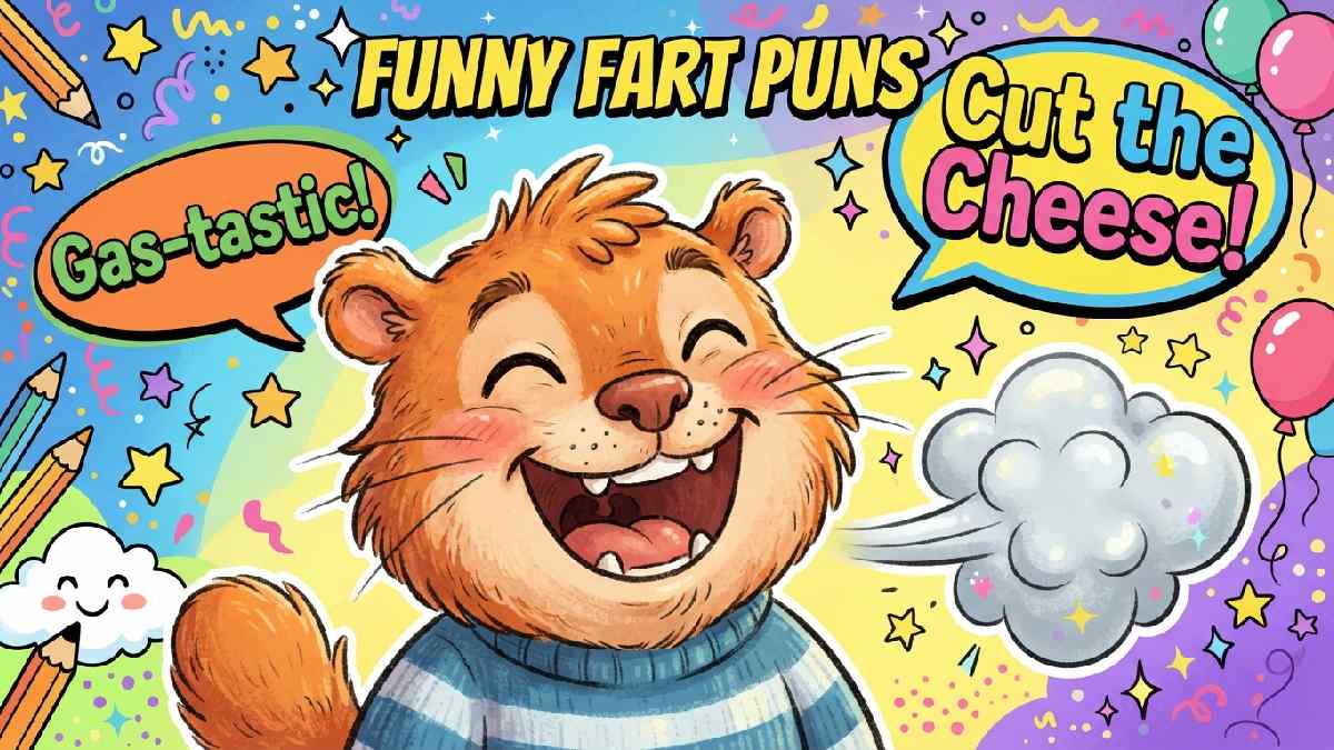 Laughing cartoon character with comic cloud puff and swirl effects surrounded by speech bubbles showing funny classic fart puns.