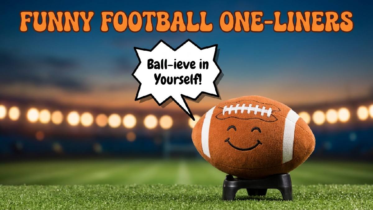 Cartoon football on kicking tee under stadium lights with speech bubble showing a single funny witty football one liner.