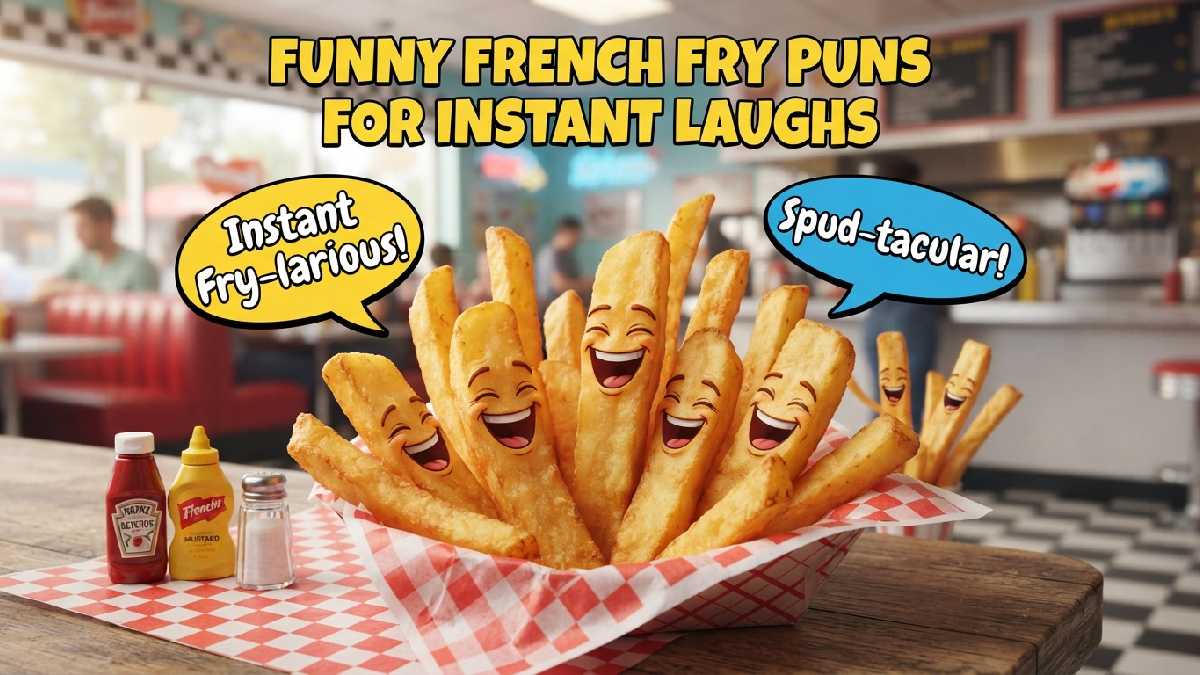 Laughing cartoon french fries with ketchup and mustard bottles surrounded by speech bubbles showing funny french fry puns for instant laughs.