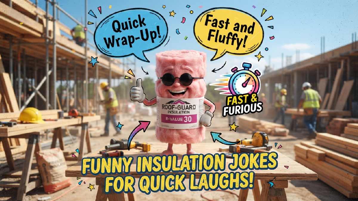 Cartoon insulation roll with sunglasses and stopwatch icon showing funny insulation jokes for quick and easy laughs.