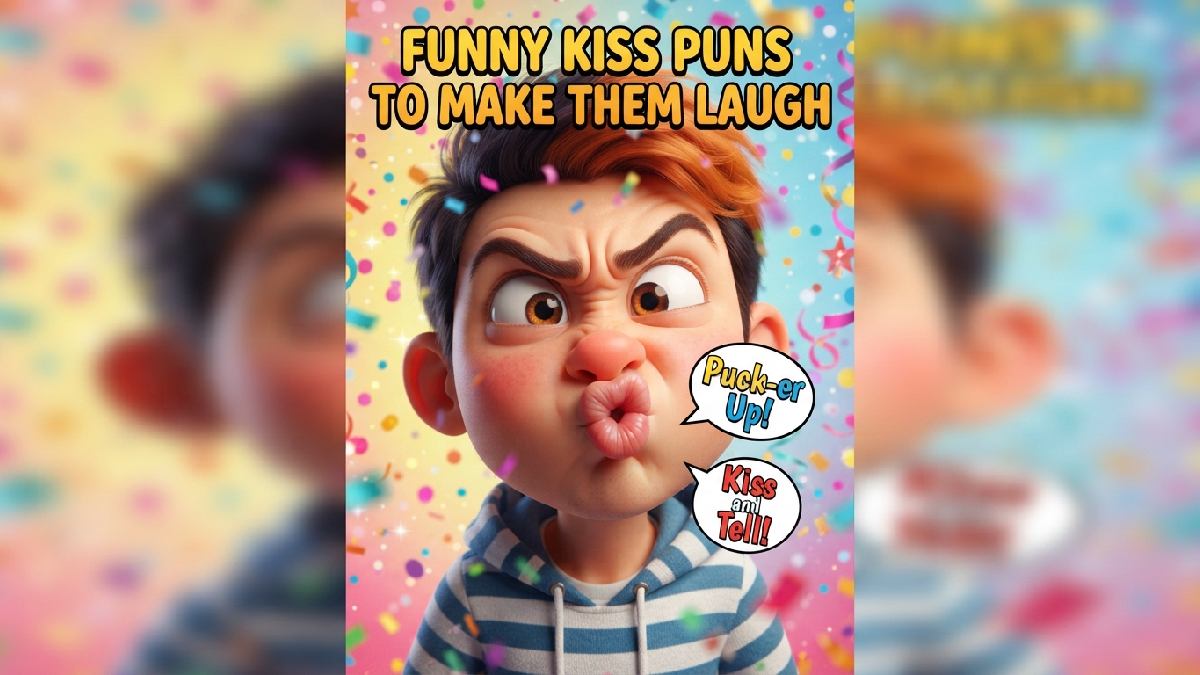 Cartoon character puckering up with comical crossed eyes and speech bubbles showing funny kiss puns to make someone laugh.