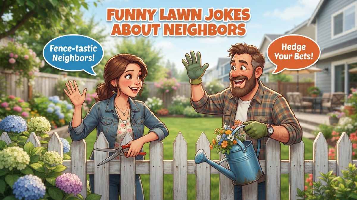Two cartoon neighbors waving over picket fence with garden tools and speech bubbles showing funny lawn jokes about neighbors.