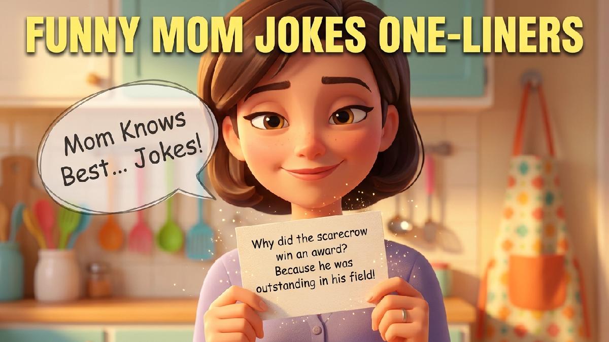 Smirking cartoon mom holding notecard with speech bubble showing a single funny witty mom joke one liner example.