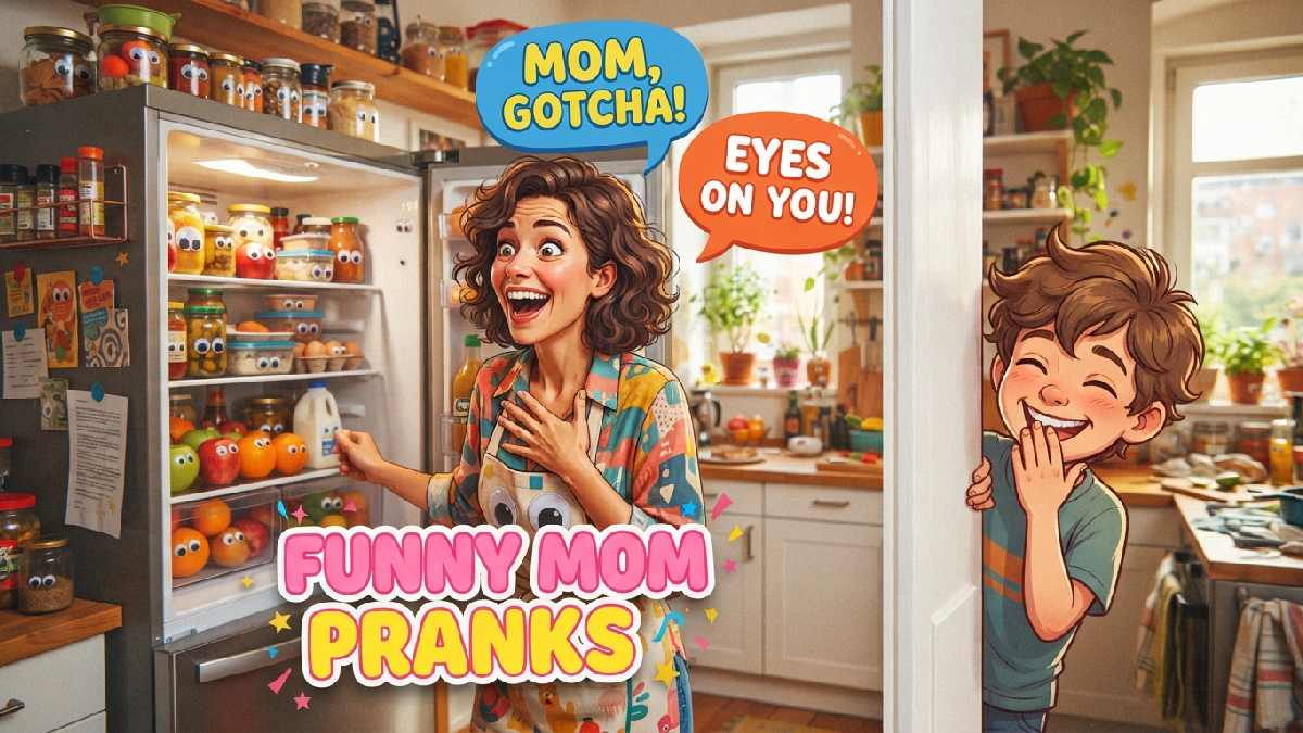 Surprised cartoon mom discovering googly eyes on fridge food while kid giggles nearby showing funny lighthearted mom pranks.