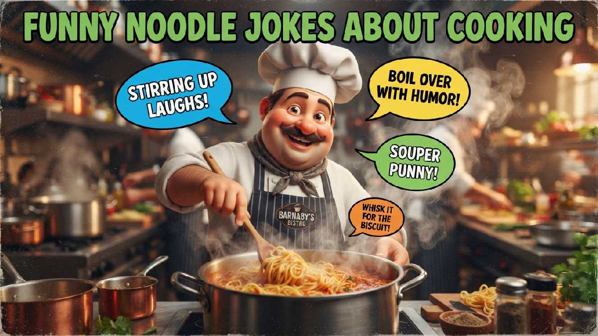 Cartoon chef stirring bubbling noodle pot with playful grin surrounded by speech bubbles showing funny noodle jokes about cooking.