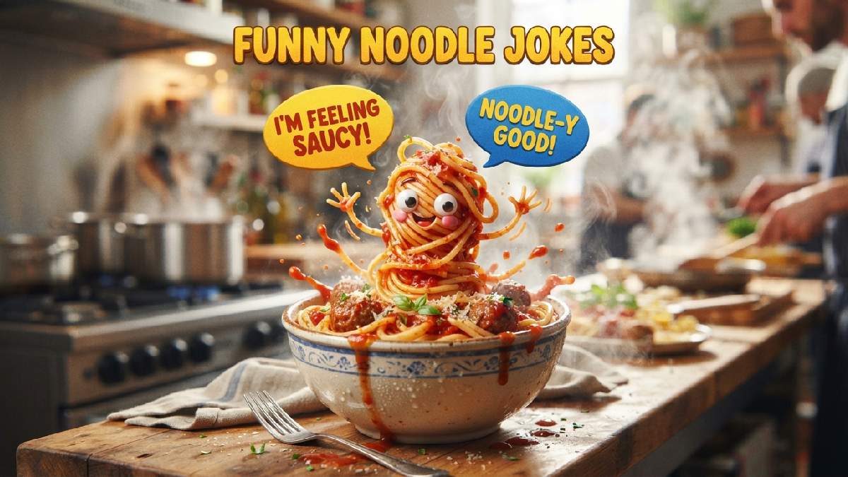 Bouncy cartoon noodle character with googly eyes in a bowl surrounded by speech bubbles showing funny noodle jokes and puns.
