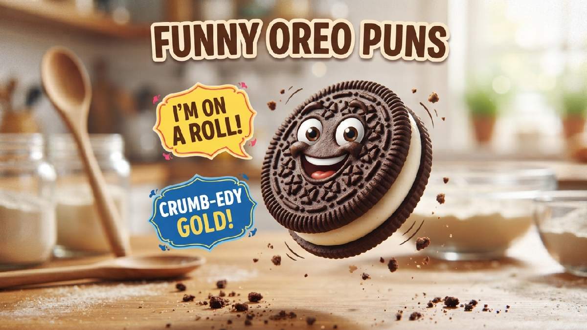 Bouncy grinning cartoon chocolate sandwich cookie with cream filling surrounded by speech bubbles showing funny cookie puns and jokes.
