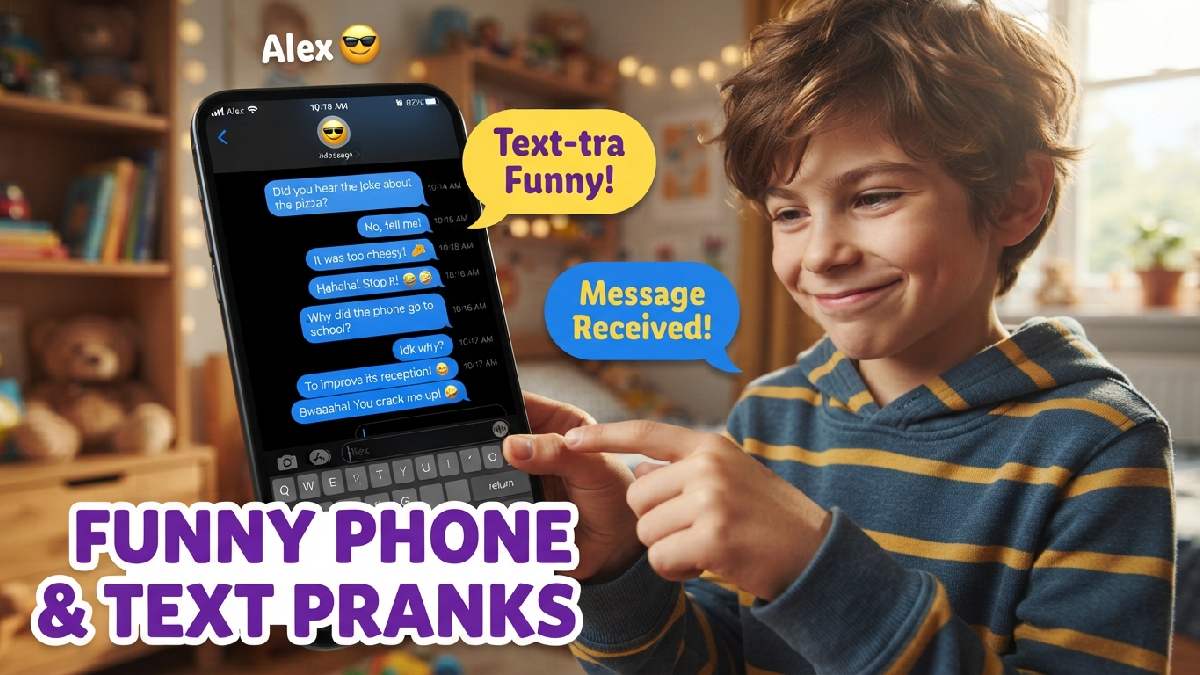 Smirking cartoon kid typing funny fake text with laughing emojis on phone screen showing playful phone and text pranks.