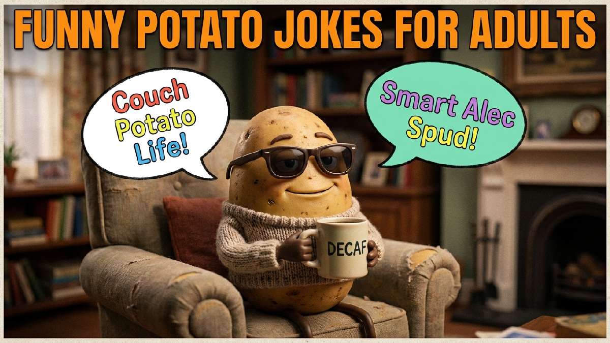 Smug cartoon potato wearing sunglasses and holding coffee mug showing funny and witty potato jokes made especially for adults.