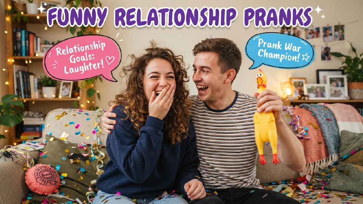 Couple laughing with rubber chicken prop and prank props scattered around showing funny relationship pranks for laughter and fun.