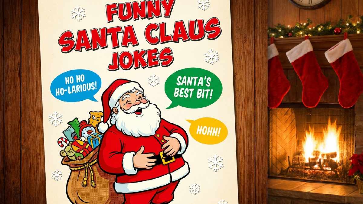 Jolly cartoon Santa laughing beside toy sack with falling snowflakes and speech bubbles showing funny classic Santa Claus jokes.