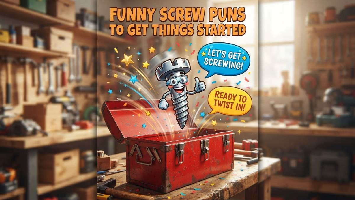 Bouncing cartoon screw giving thumbs up from open toolbox showing funny screw puns to get things started with laughter.