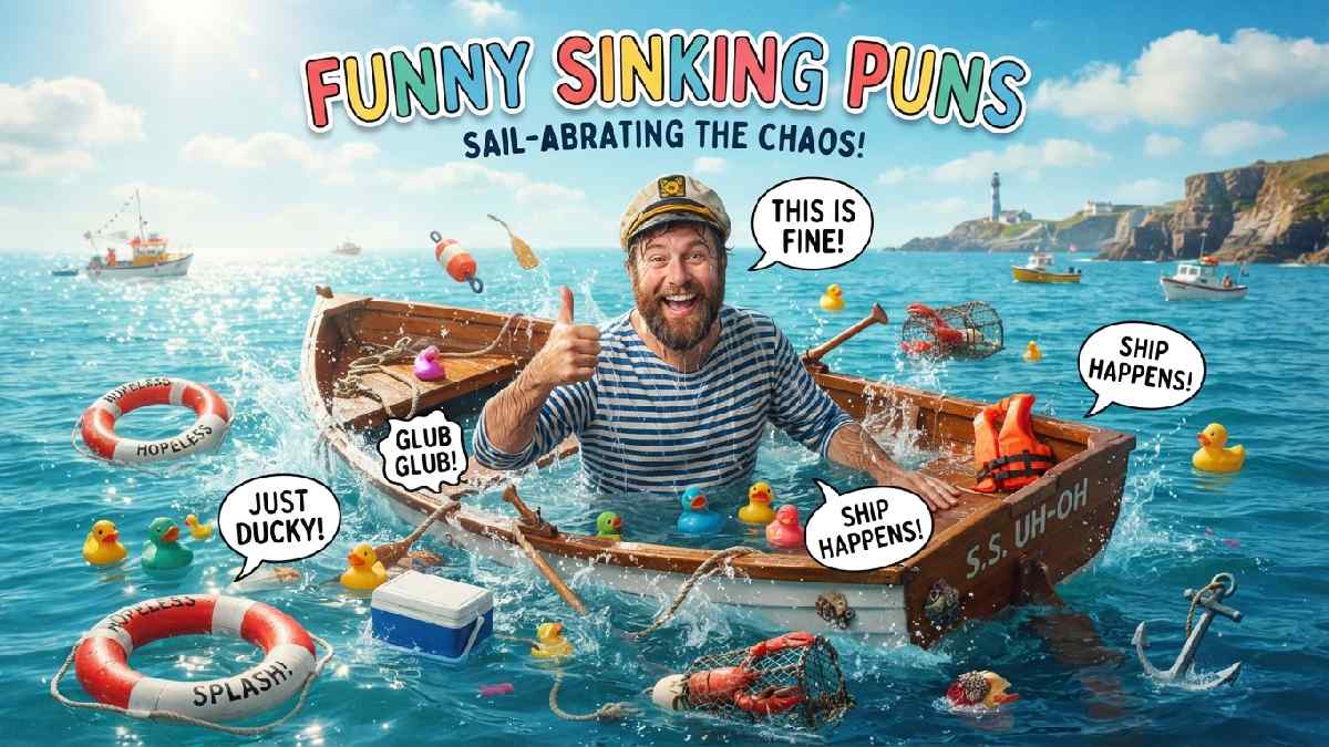 Smiling sailor aboard a sinking boat surrounded by life rings and playful speech bubbles, representing funny sinking puns and nautical humor.