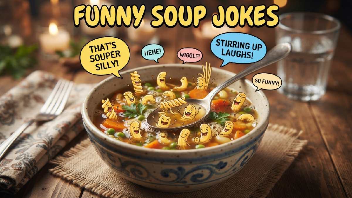 Cartoon soup bowl with laughing noodle characters and spoon surrounded by speech bubbles showing funny soup jokes and puns.