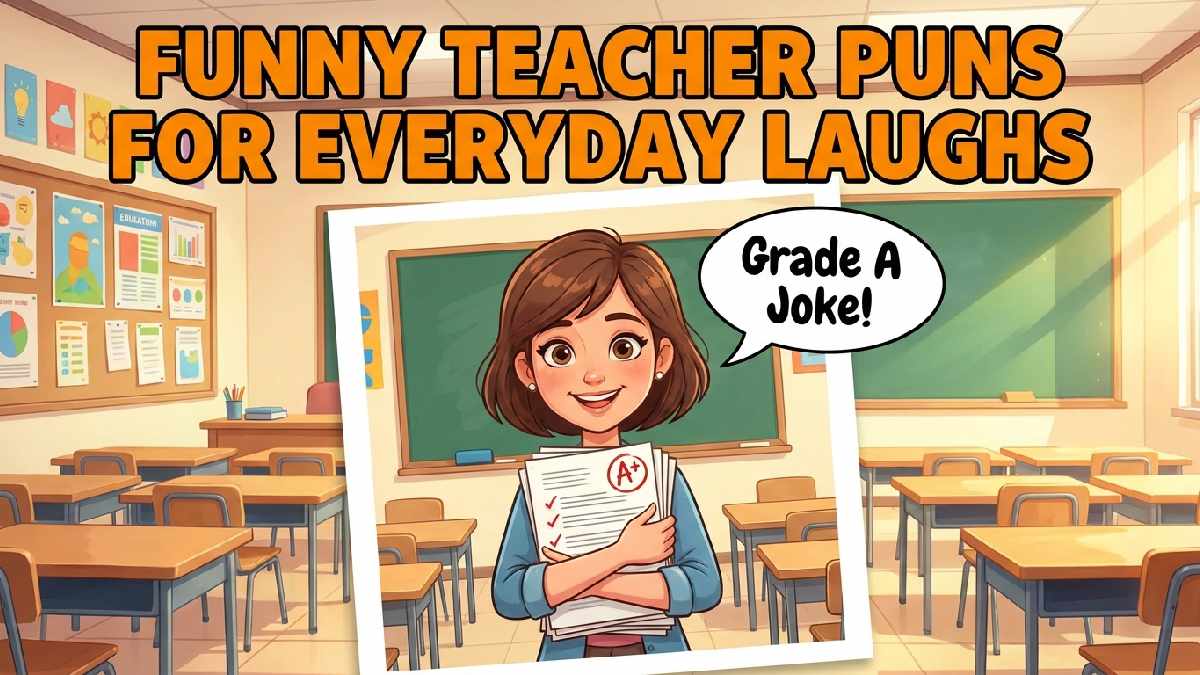 Smiling cartoon teacher holding graded papers with speech bubble showing funny teacher puns perfect for everyday classroom laughs.