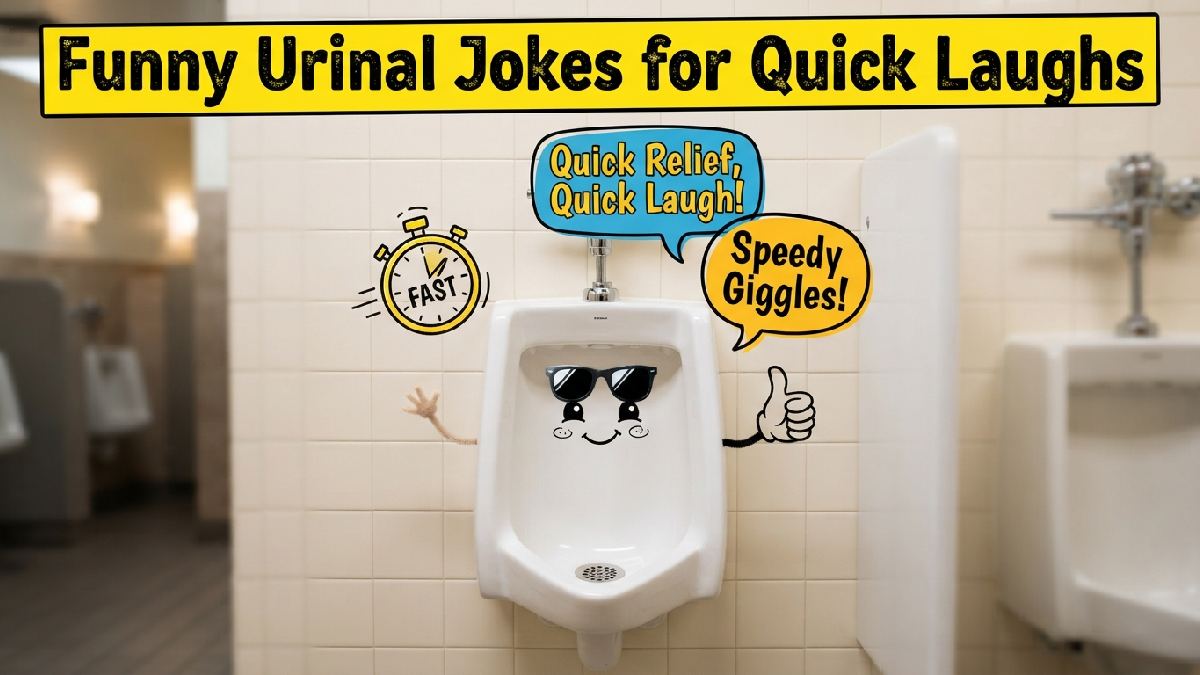 Cartoon urinal with sunglasses and stopwatch icon showing funny urinal jokes for quick and easy bathroom laughs.