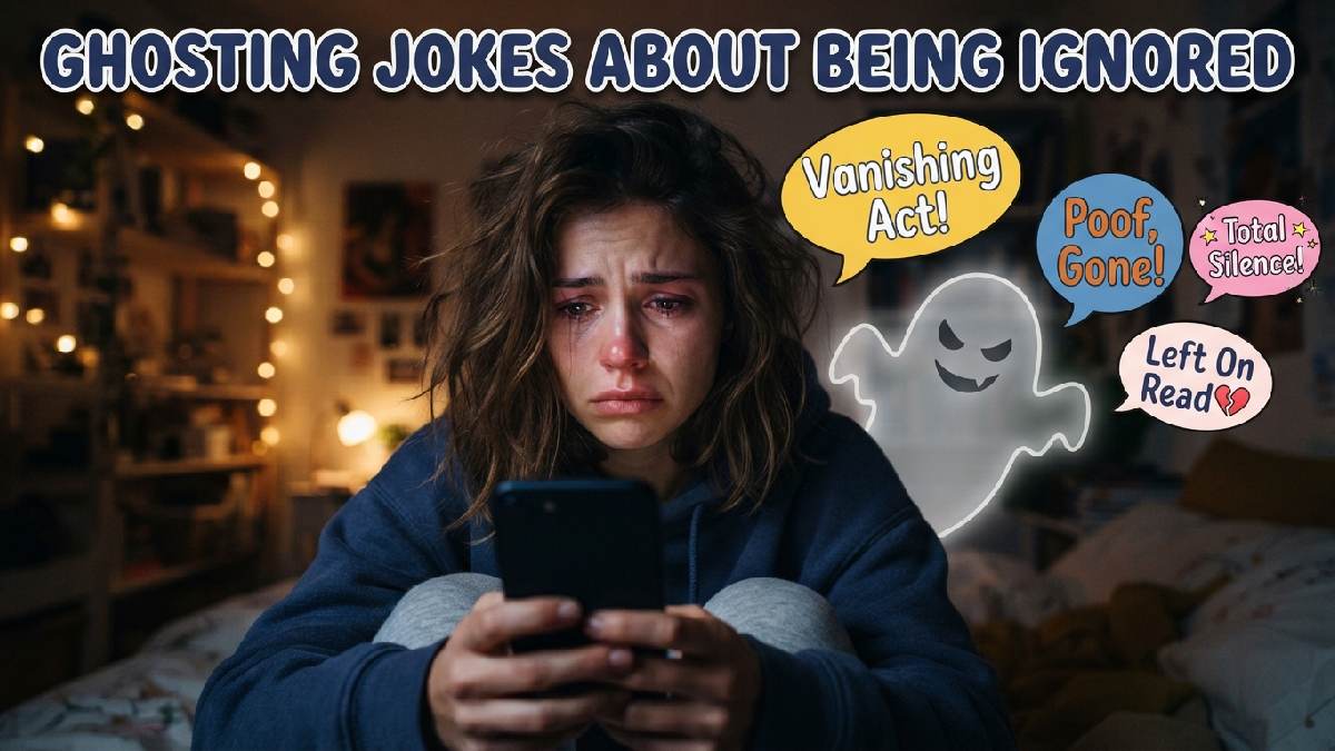 Cartoon person staring at phone with ghost silhouette behind them showing funny jokes about being ignored and ghosted.