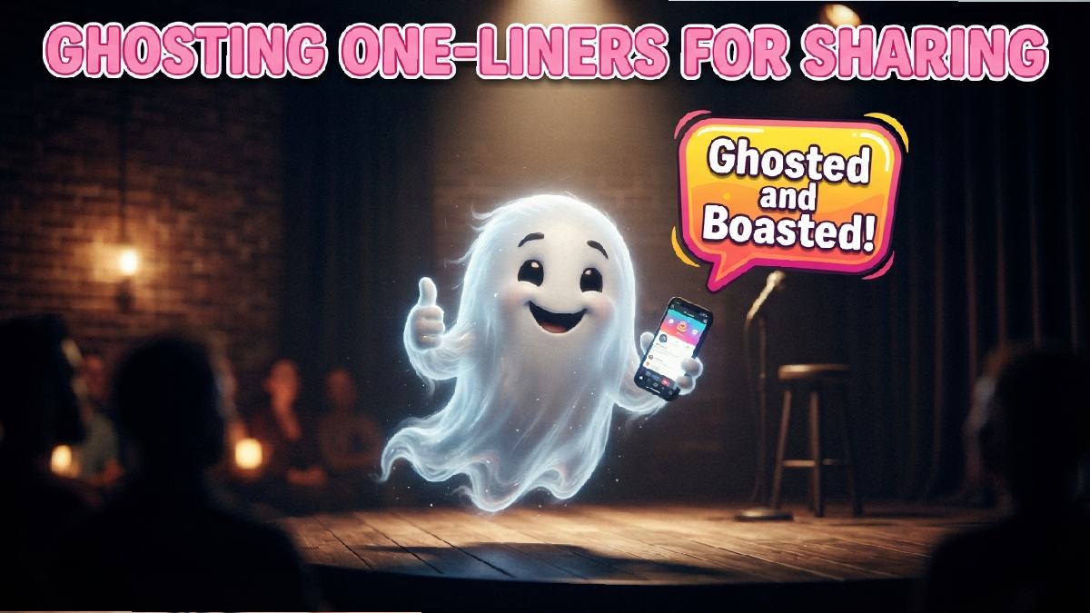 Playful ghost character giving thumbs up on stage spotlight showing punchy shareable one-liner jokes about ghosting.