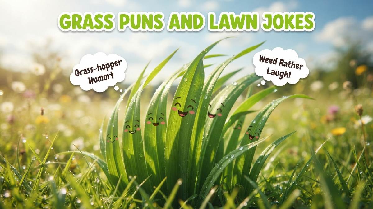 Smiling cartoon grass blades swaying in breeze with speech bubbles showing clever grass puns and lawn jokes collection.