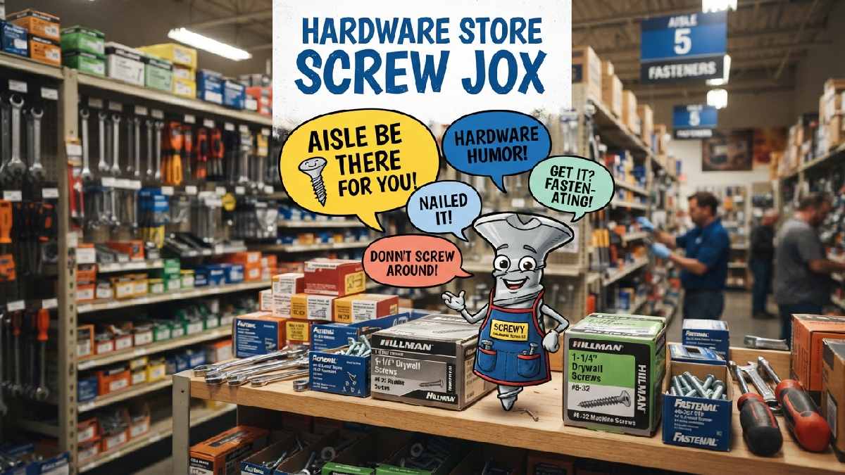 Cartoon screw wearing store apron on hardware aisle shelf showing funny hardware store themed screw jokes and puns.