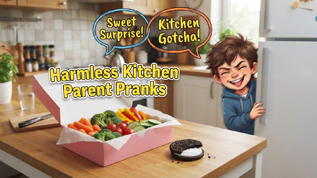 Snickering cartoon kid behind fridge with swapped donut and cookie fillings showing harmless funny kitchen pranks for parents.
