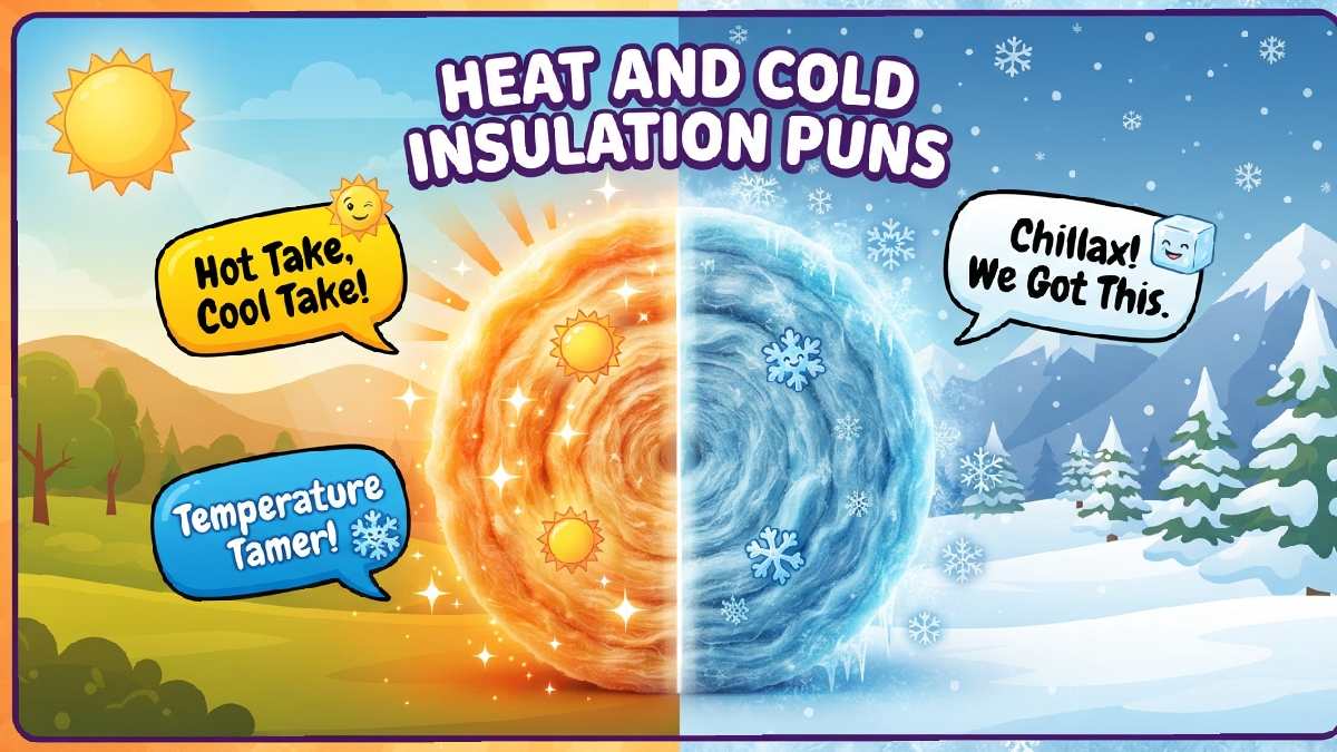Insulation roll split between warm sun rays and icy snowflakes showing funny heat and cold insulation puns and jokes.