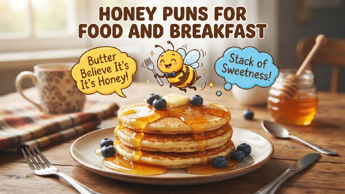Pancake stack drizzled with honey and cartoon bee holding fork surrounded by speech bubbles showing tasty honey puns for breakfast.