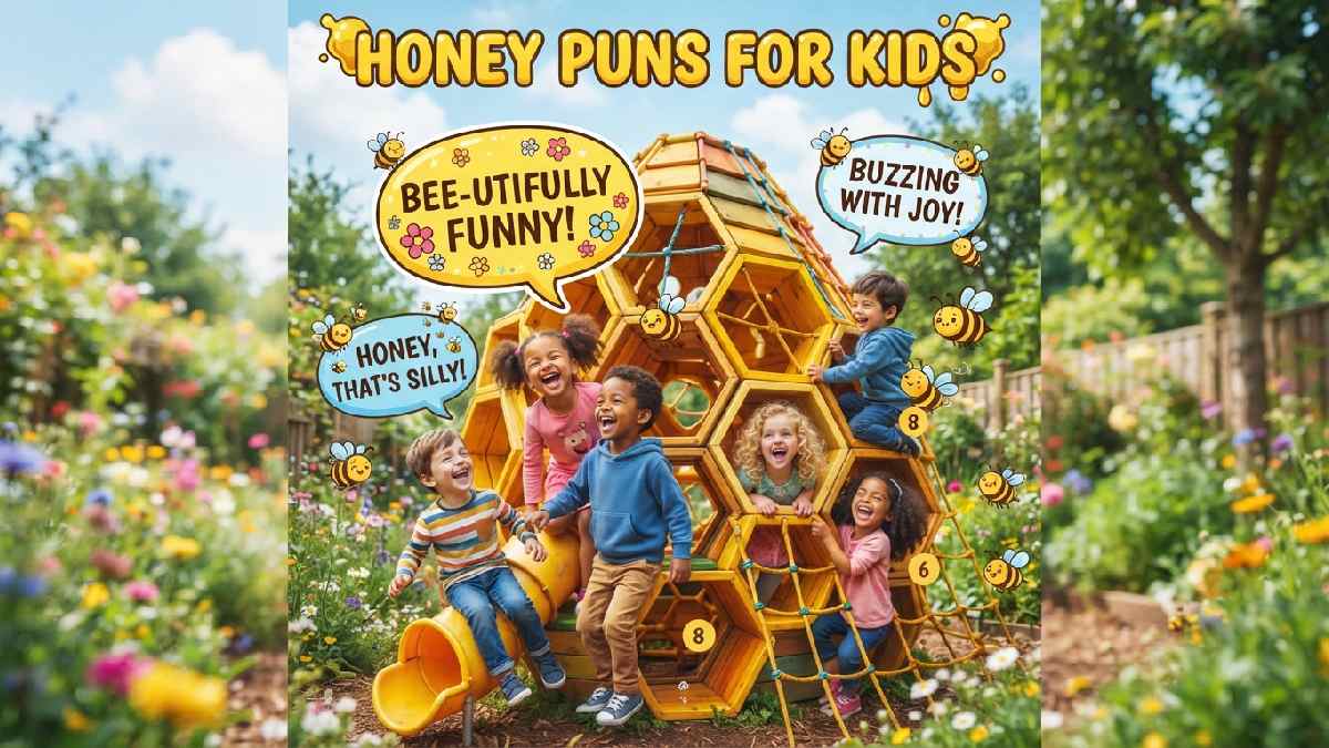 Giggling cartoon children playing near giant honeycomb with friendly bees and speech bubbles showing fun honey puns for kids.