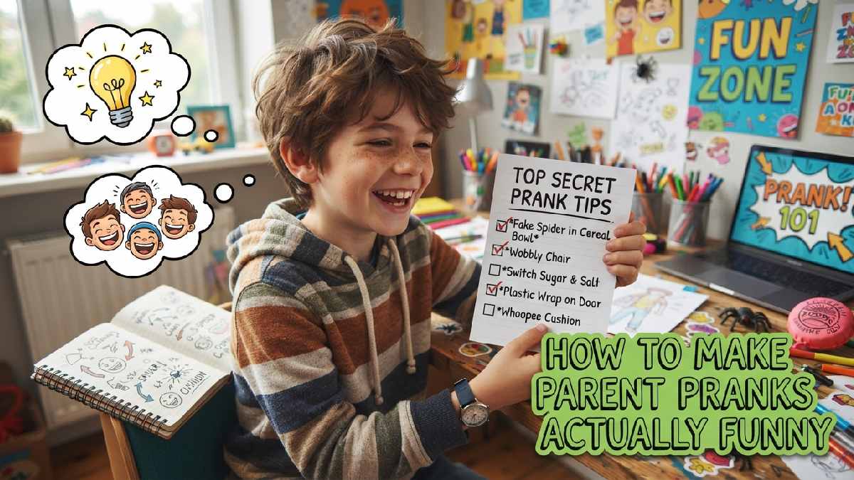 Cartoon kid holding prank tips checklist with lightbulb thought bubble showing how to make parent pranks actually funny.