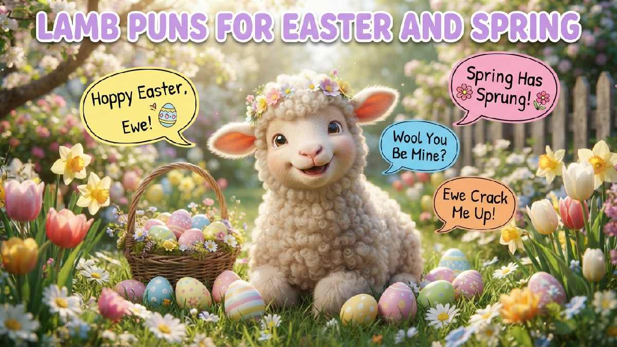 Fluffy cartoon lamb with Easter eggs and spring flowers surrounded by speech bubbles showing festive lamb puns for Easter season.