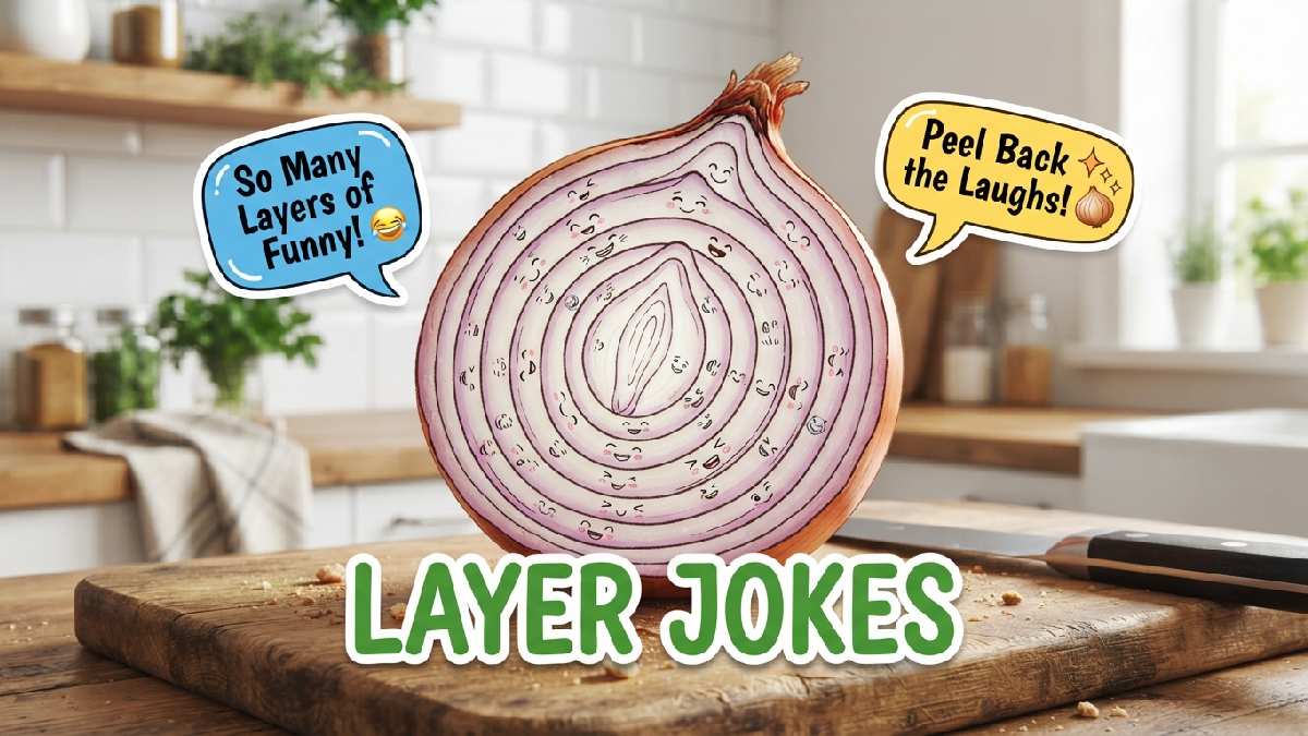 Sliced cartoon onion with smiling layered rings and speech bubbles showing clever jokes about onion layers peeling back.