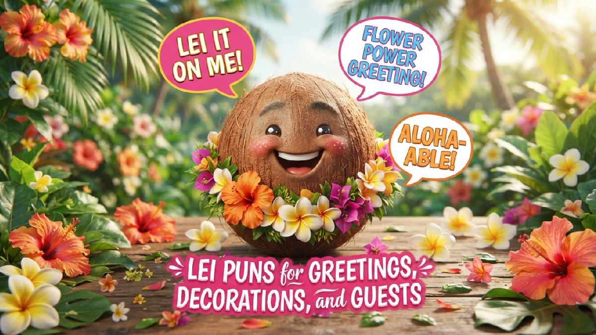 Smiling cartoon coconut wearing flower lei surrounded by hibiscus flowers and speech bubbles showing fun lei puns for guests.