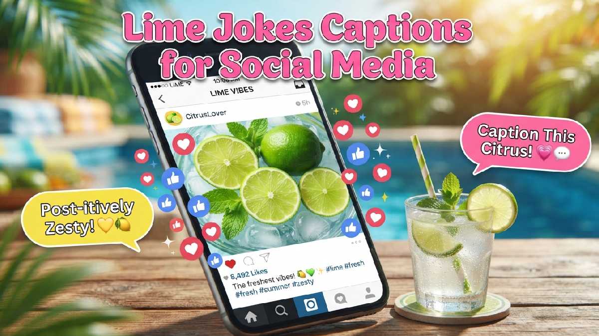 Smartphone showing fresh lime photo and limeade glass with speech bubbles showing lime jokes made for social media captions.