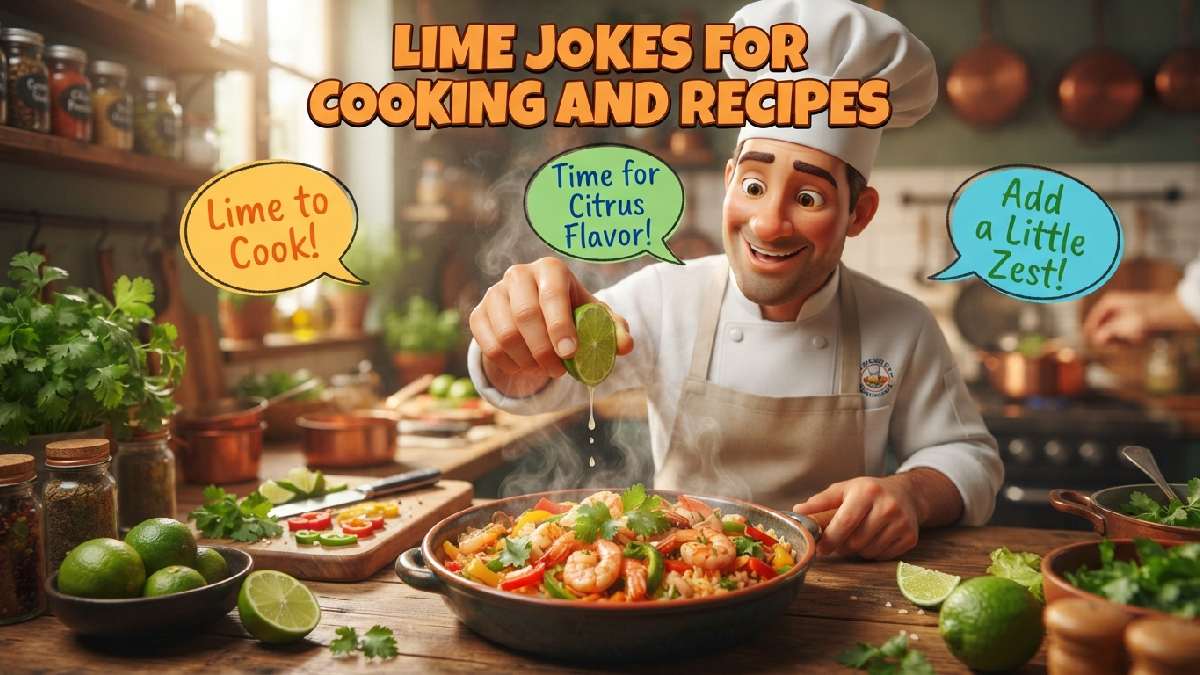Cartoon chef squeezing lime over colorful dish in kitchen with speech bubbles showing fun lime jokes for cooking and recipes.