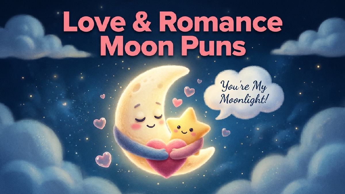Cartoon crescent moon and star forming heart shape with floating hearts showing love and romance themed moon puns.
