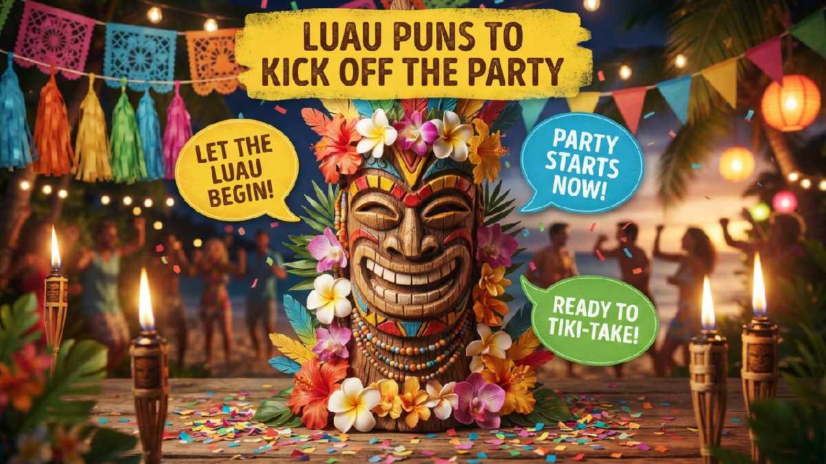 Cheerful cartoon tiki mask with confetti and glowing torches surrounded by speech bubbles showing fun puns to kick off a luau.
