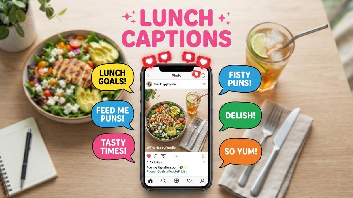 Smartphone showing lunch photo post with floating icons and trendy flat lay illustrating fun captions for lunch social posts.