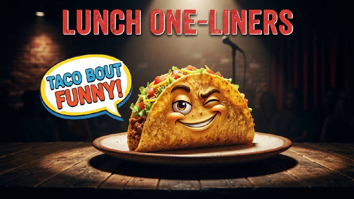 Winking cartoon taco spotlighted like a comedy stage showing punchy one-liner lunch puns for a quick laugh.