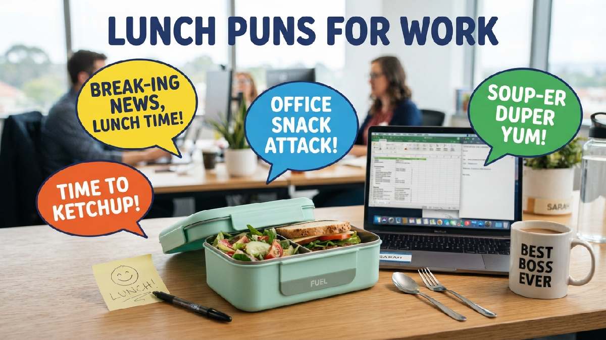 Lunchbox beside laptop and coffee mug on office desk showing funny lunch puns perfect for work breaks and colleagues.