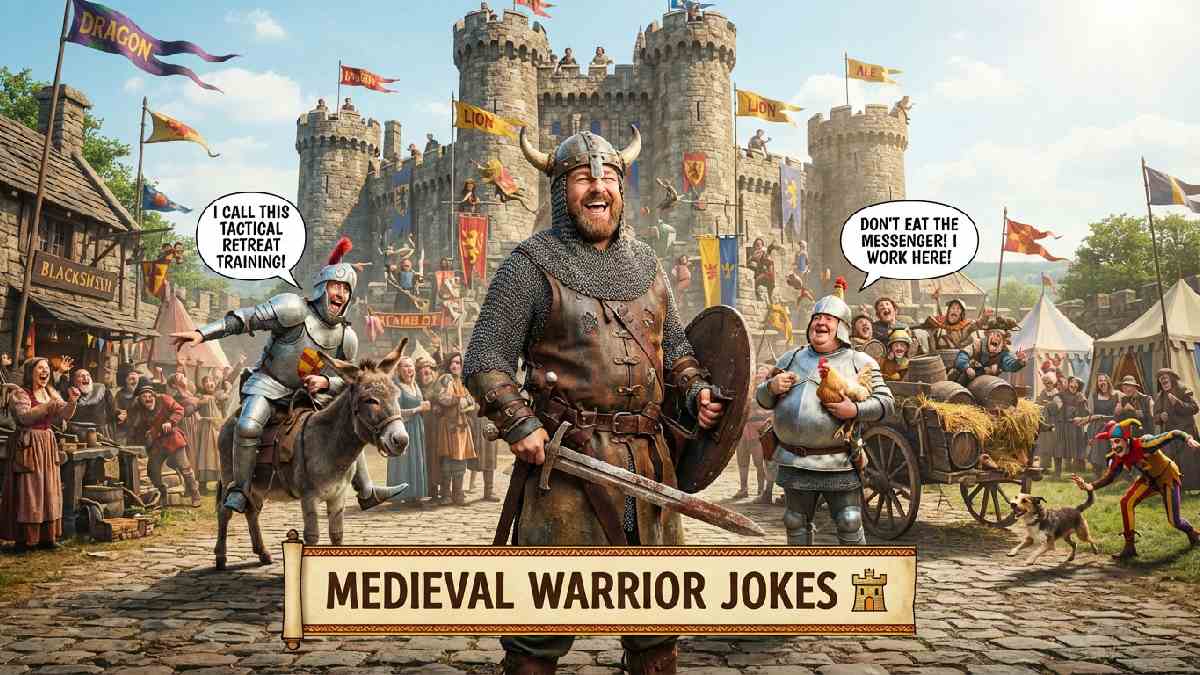 Medieval warrior standing before a castle with armor, sword, banners, and comic speech bubbles, representing hilarious medieval warrior jokes.