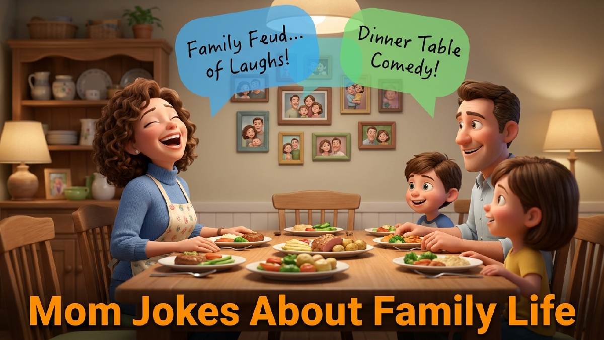 Laughing cartoon family gathered at dinner table with speech bubbles showing funny mom jokes about everyday family life moments.