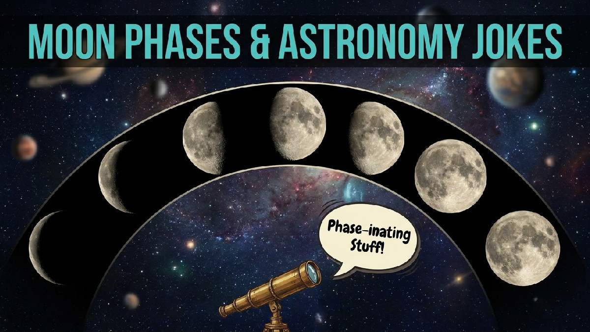 Illustrated moon phases arc with telescope and speech bubble showing moon phases and astronomy themed joke collection.