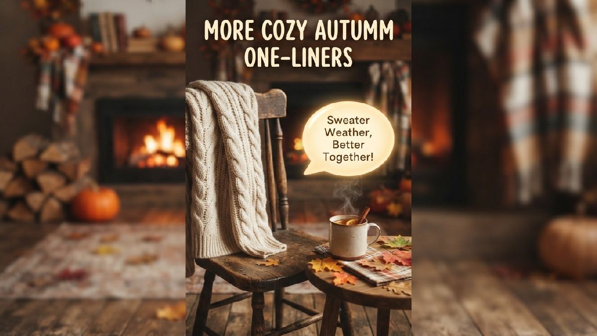 Knitted sweater and warm cider mug with autumn leaves showing an extra collection of cozy autumn one liner puns.