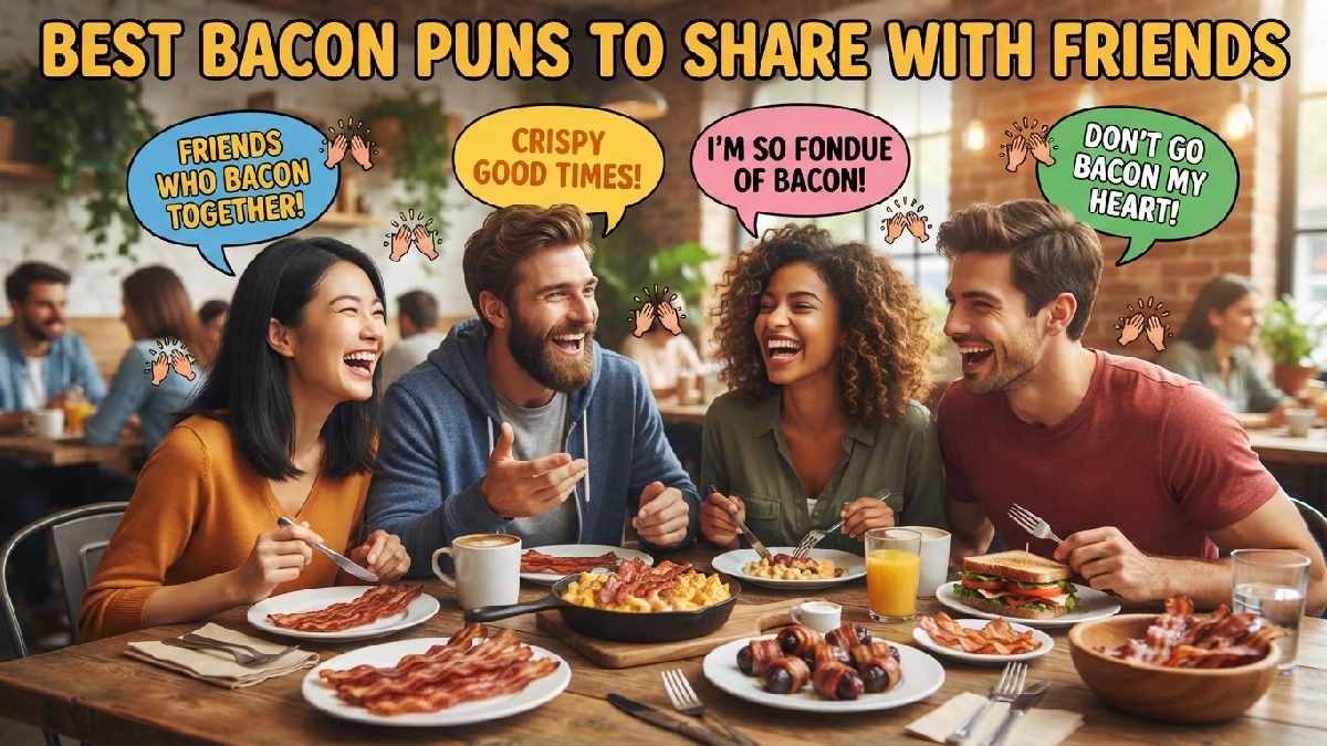Laughing cartoon friends gathered around bacon dishes with speech bubbles showing best bacon puns to share with close friends.